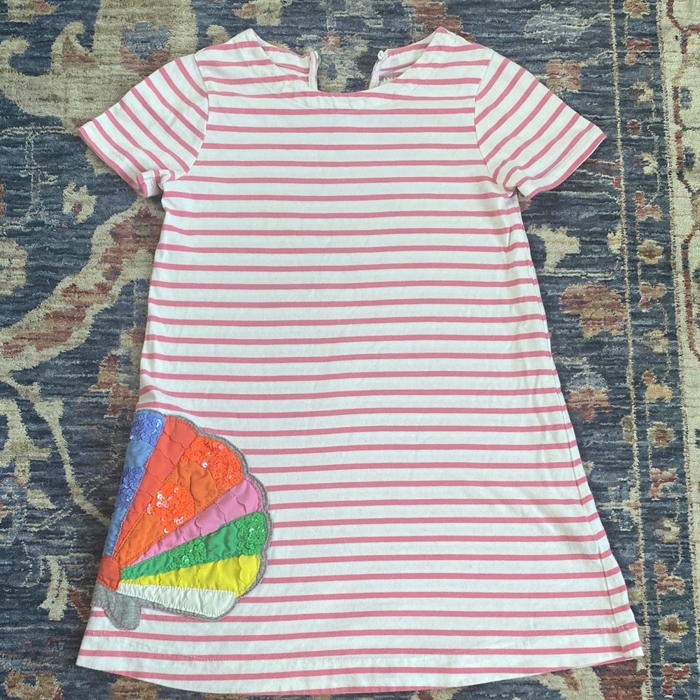 Mini Boden Striped Pink and White Dress with beaded Rainbow clam Shell Patch
